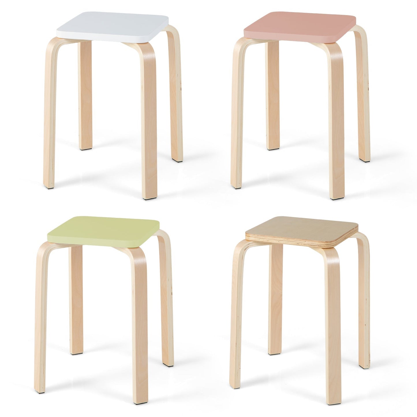 Stackable Stools Set of 4 with Square Top and Rounded Corners-Natural
