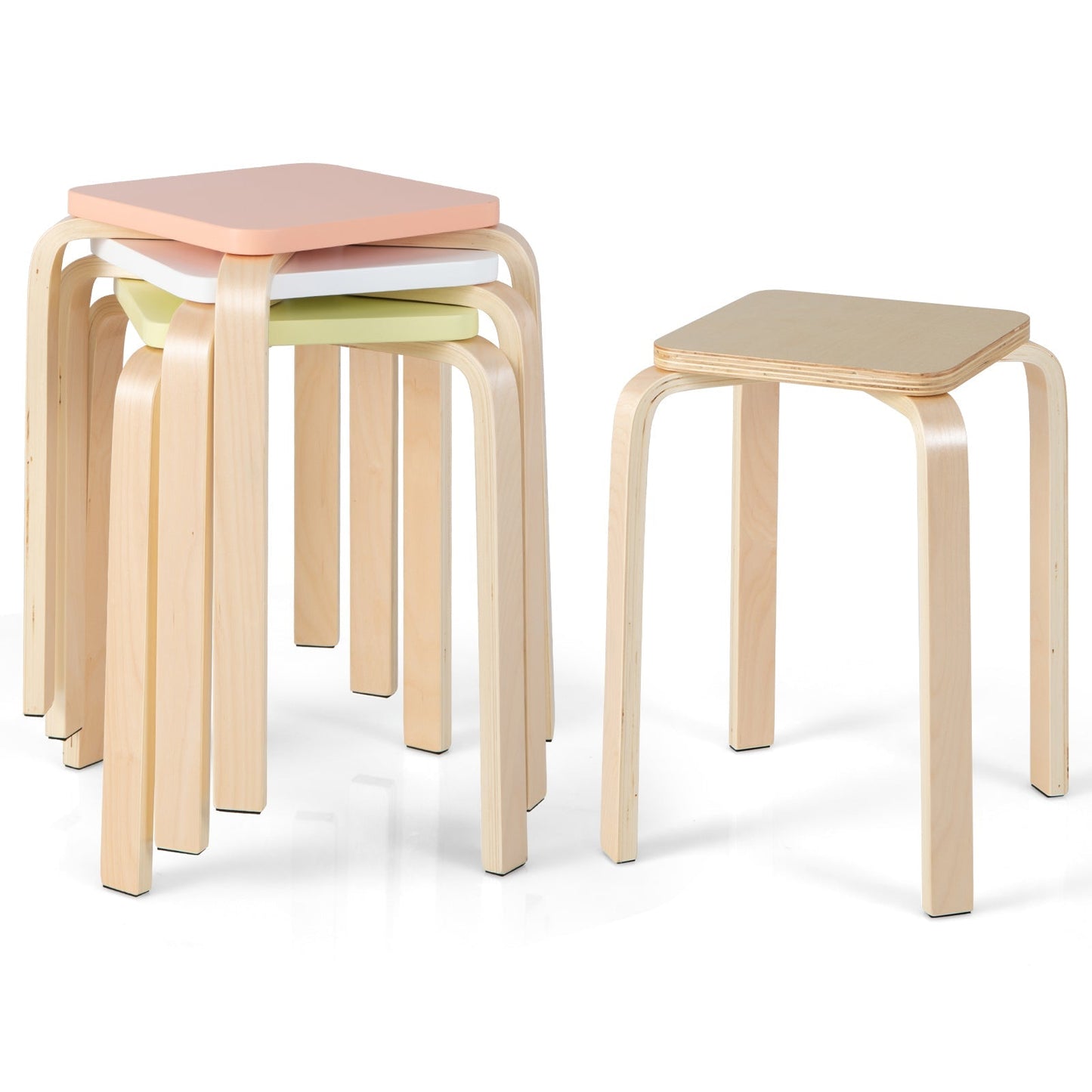 Stackable Stools Set of 4 with Square Top and Rounded Corners-Natural
