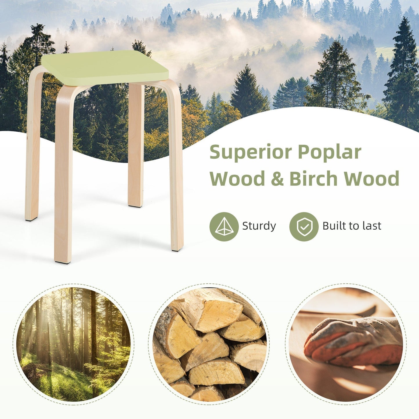 Stackable Stools Set of 4 with Square Top and Rounded Corners-Natural