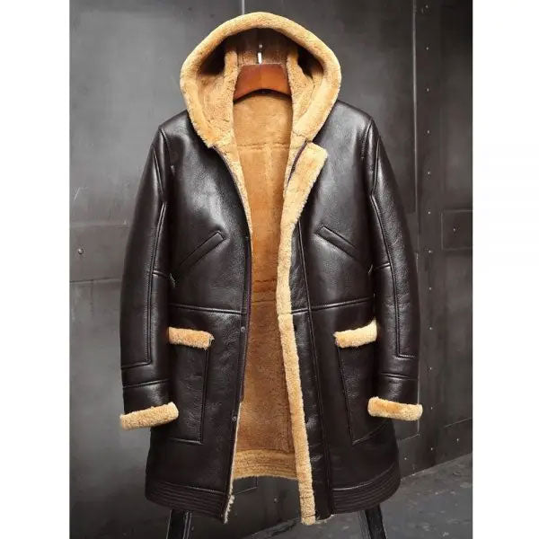 Men's RAF Hooded Shearling Fur Sheepskin Leather Long Jacket Winter Coats