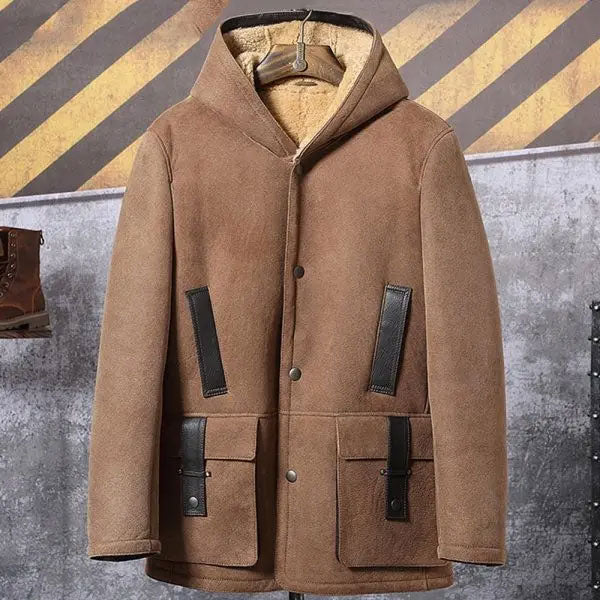 Men’s Shearling Hooded Suede Leather Bomber Long Jacket Trench Coat