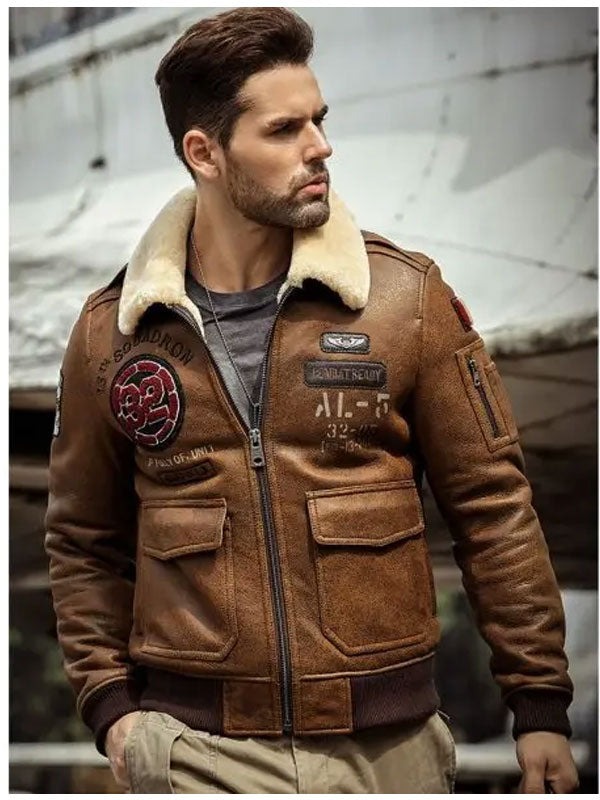 Men’s B3 Flying Leather Coat Embroidered Bomber Jacket