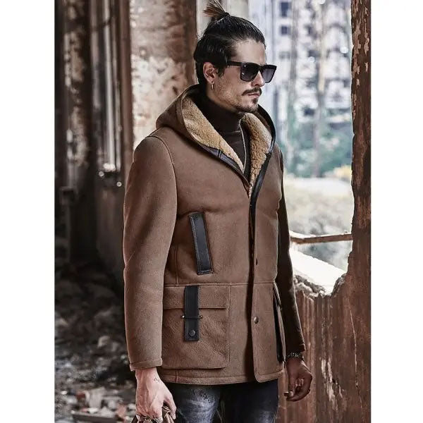 Men’s Shearling Hooded Suede Leather Bomber Long Jacket Trench Coat