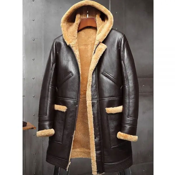 Men's RAF Hooded Shearling Fur Sheepskin Leather Long Jacket Winter Coats