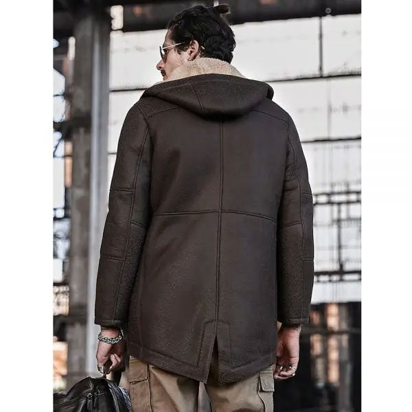Men’s Hooded Shearling Leather Long Trench Coat