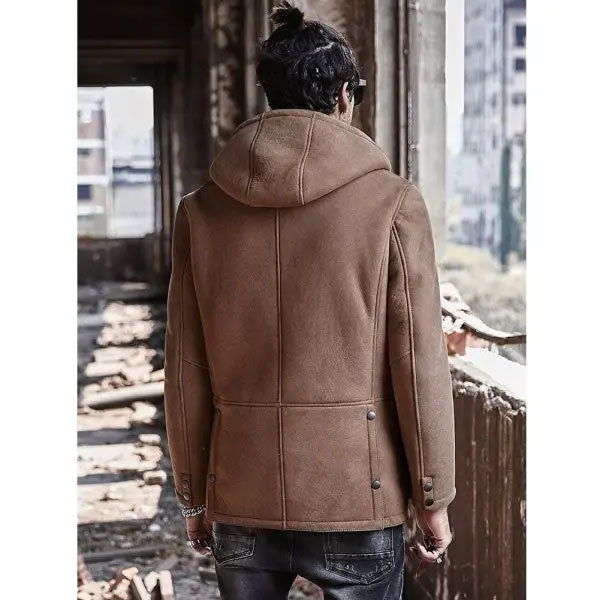 Men’s Shearling Hooded Suede Leather Bomber Long Jacket Trench Coat