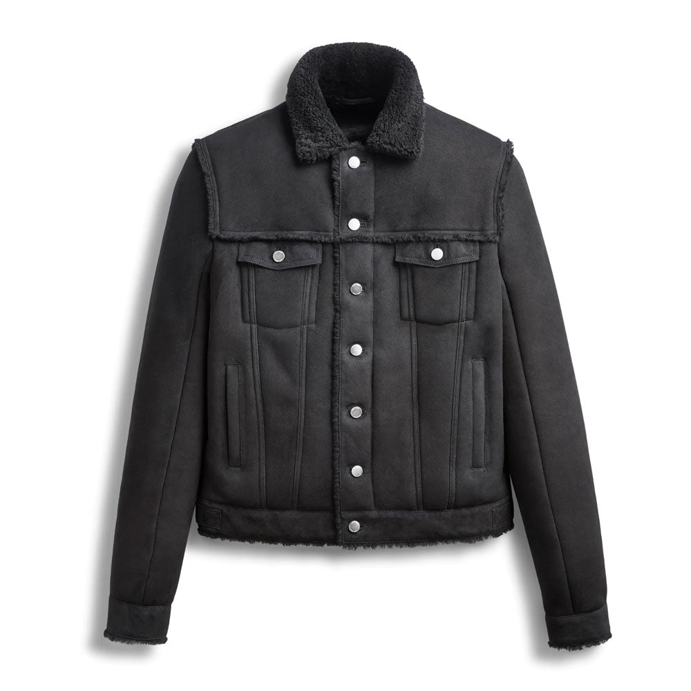 Men’s Black Suede Shearling Leather Bomber Jacket
