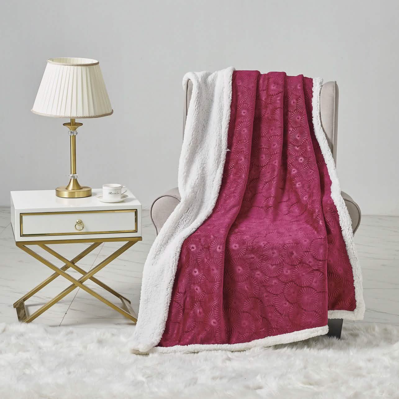 Sheradian Embossed Print Fleece/Sherpa Reversible Throw Blanket