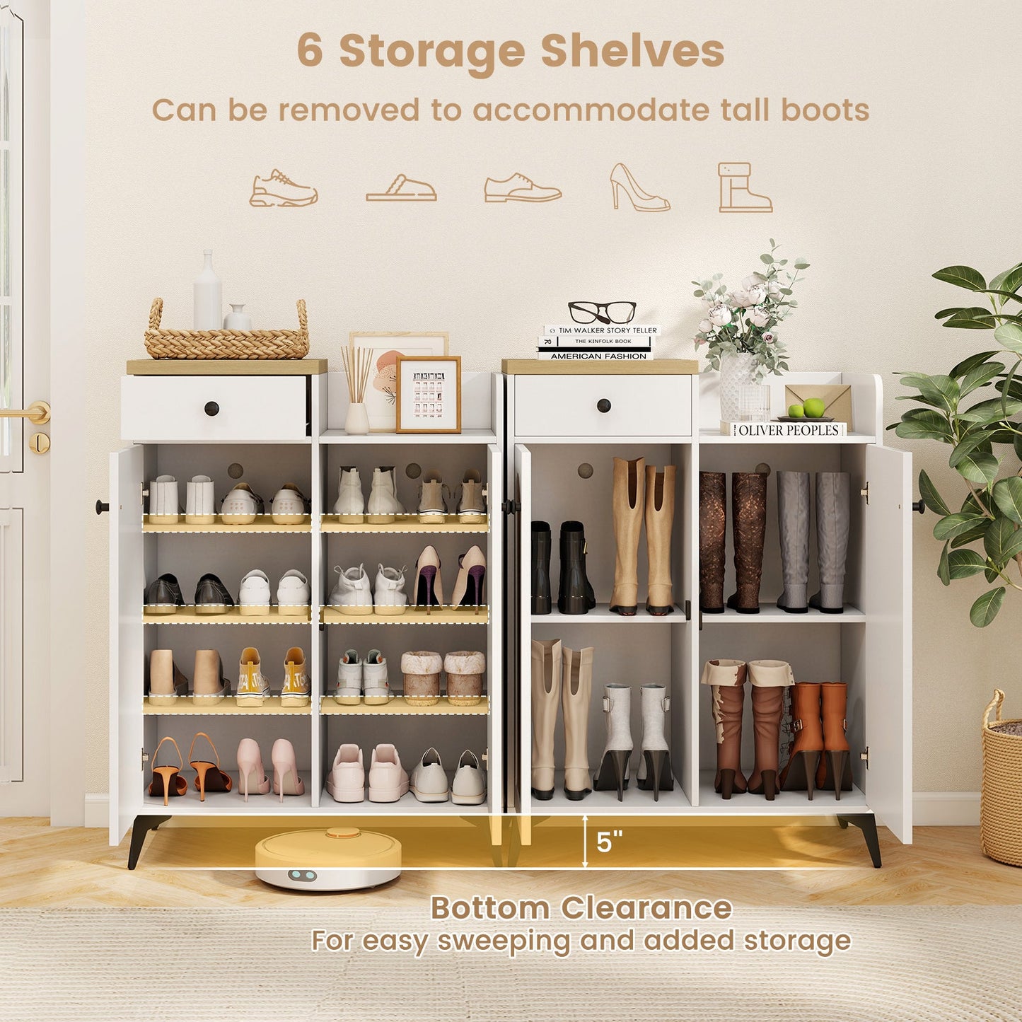 2-Door Shoe Rack Organizer with Drawer and 6 Removable Shelves-White