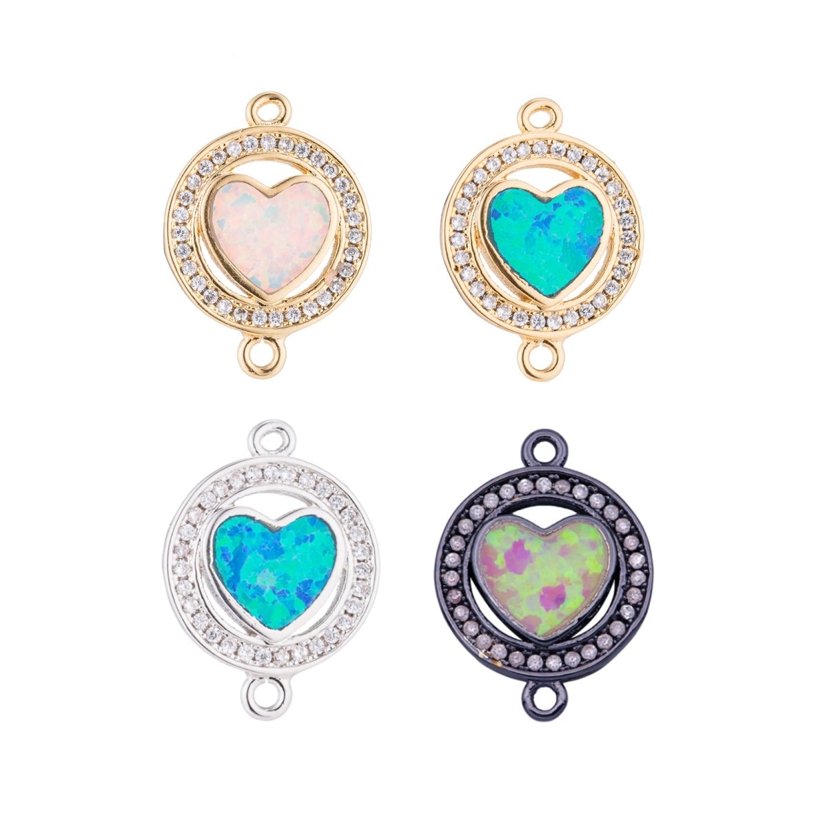 Silver, Gold, Black Gold Heart with Green/Blue Opal, Circle of Love, Cubic Zirconia Bracelet Charm Bead Finding CONNECTOR For Jewelry Making | F-125