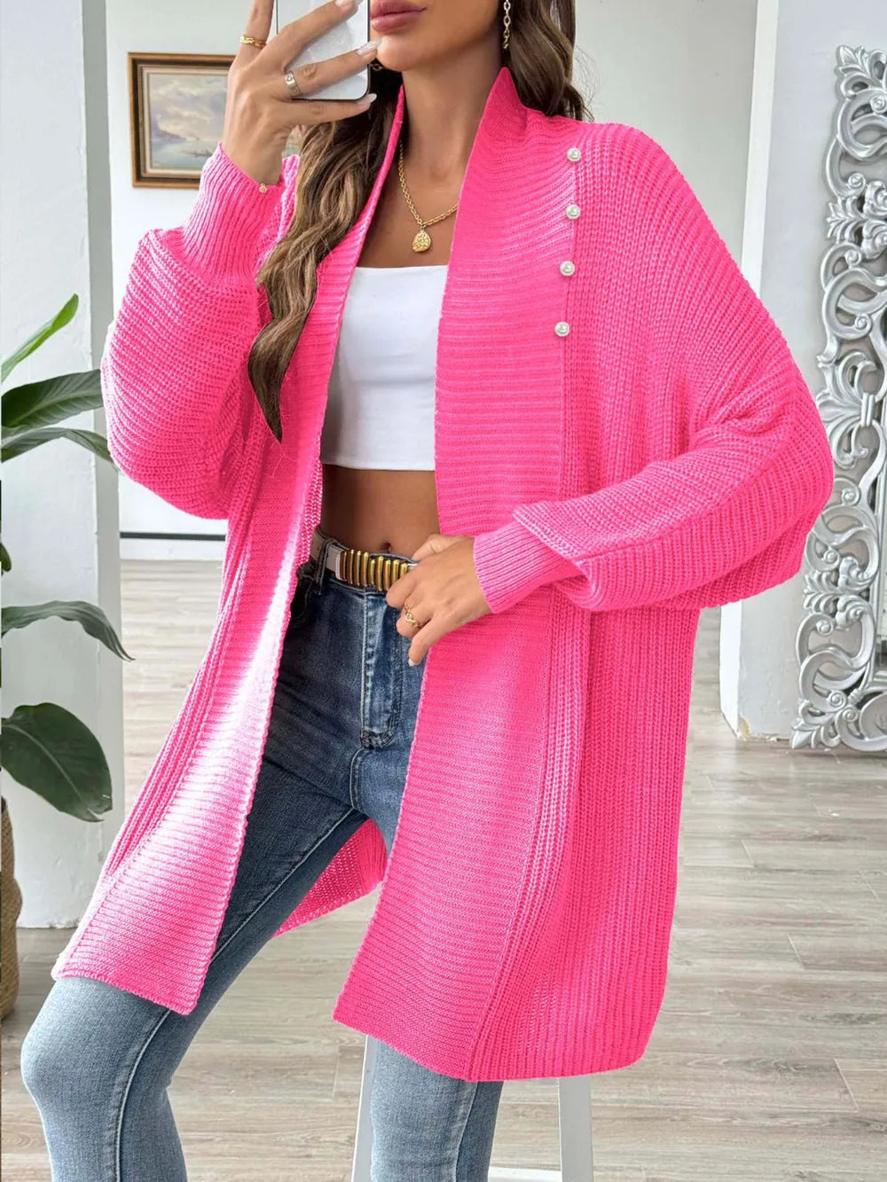 Simple and fashionable loose sweater with pearl nail beads cardigan