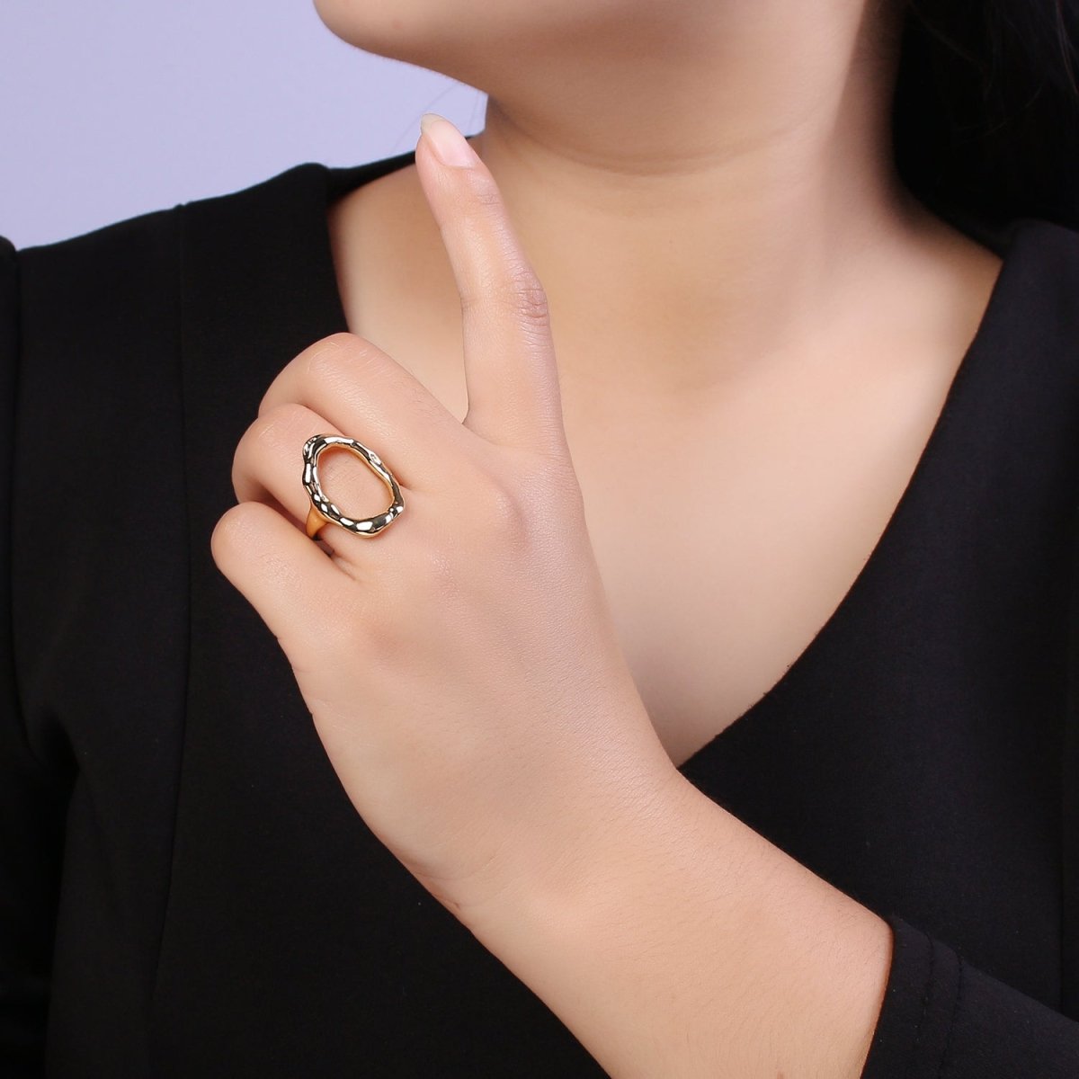 Simple Rustic Gold Oval Ring Hammered Chunky Geometric Jewelry Stackable Open Adjustbale Ring U-289