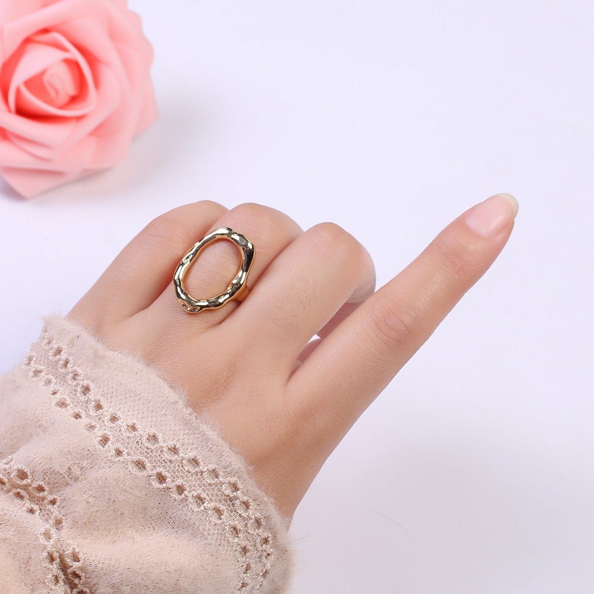 Simple Rustic Gold Oval Ring Hammered Chunky Geometric Jewelry Stackable Open Adjustbale Ring U-289