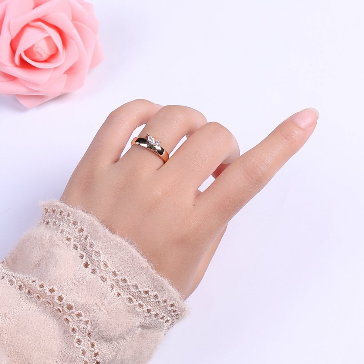 Single Marquise Ring,  Cz Ring Stacking Rings Open Adjustable Birthday Gift for Her, Anniversary Gift, Crown Gold Ring S-305