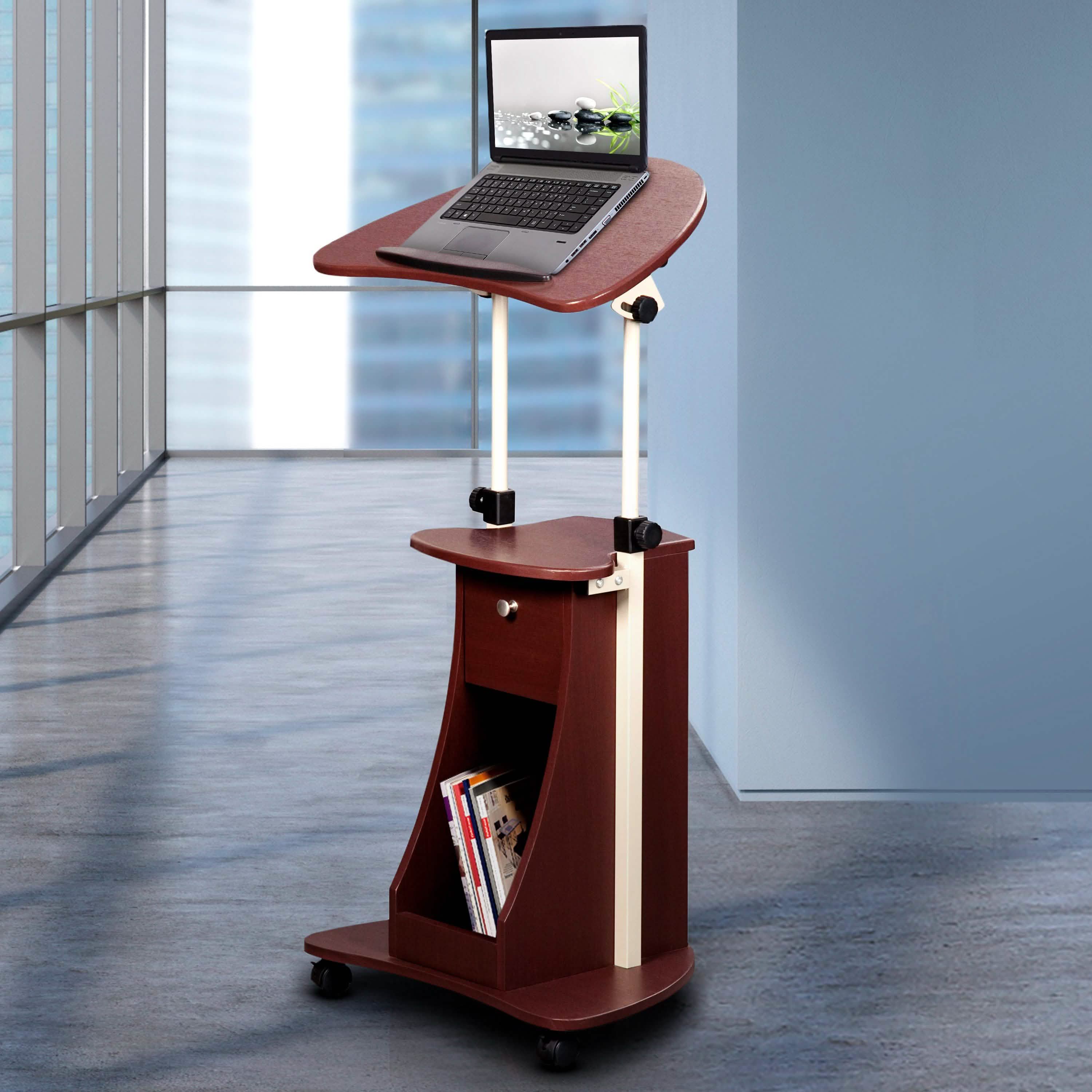Table roulante réglable pour ordinateur portable avec rangement, position assise ou debout