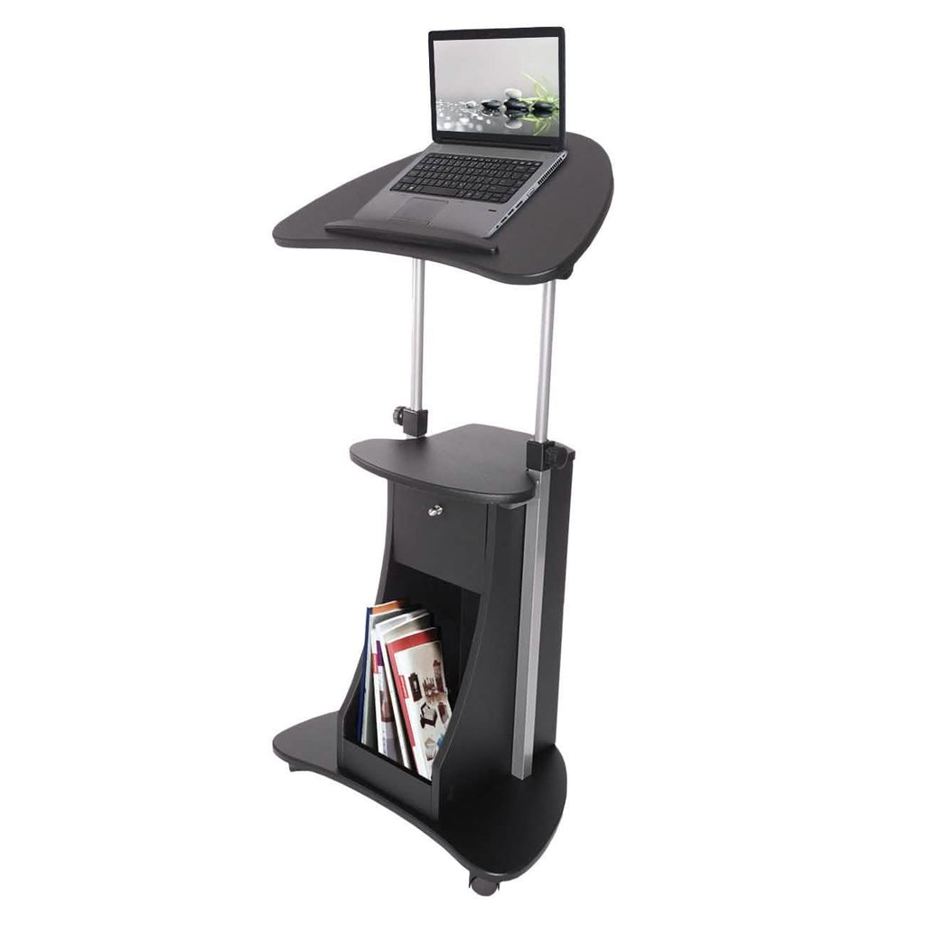 Table roulante réglable pour ordinateur portable avec rangement, position assise ou debout