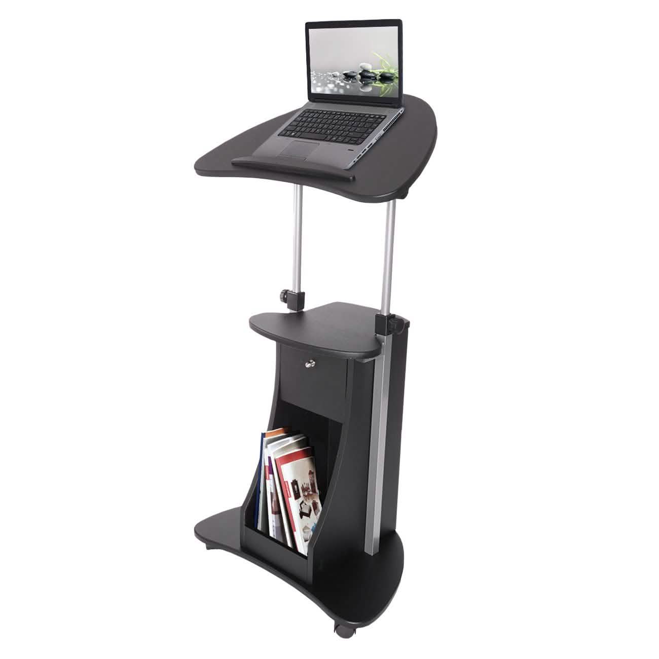 Table roulante réglable pour ordinateur portable avec rangement, position assise ou debout