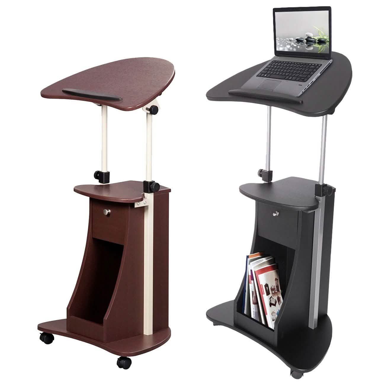 Table roulante réglable pour ordinateur portable avec rangement, position assise ou debout