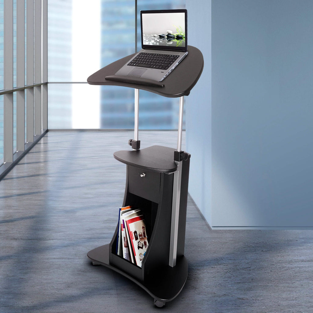Table roulante réglable pour ordinateur portable avec rangement, position assise ou debout