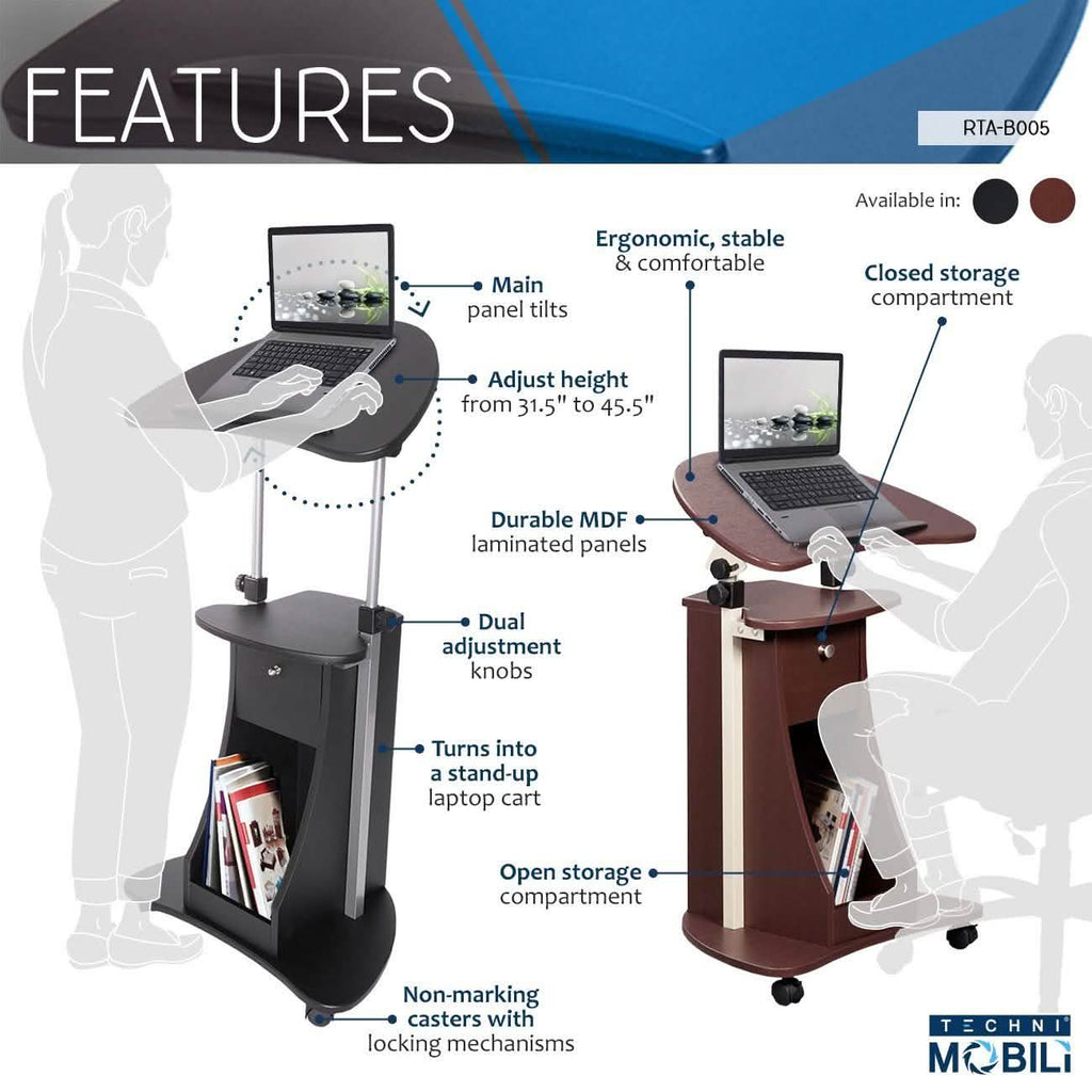 Table roulante réglable pour ordinateur portable avec rangement, position assise ou debout