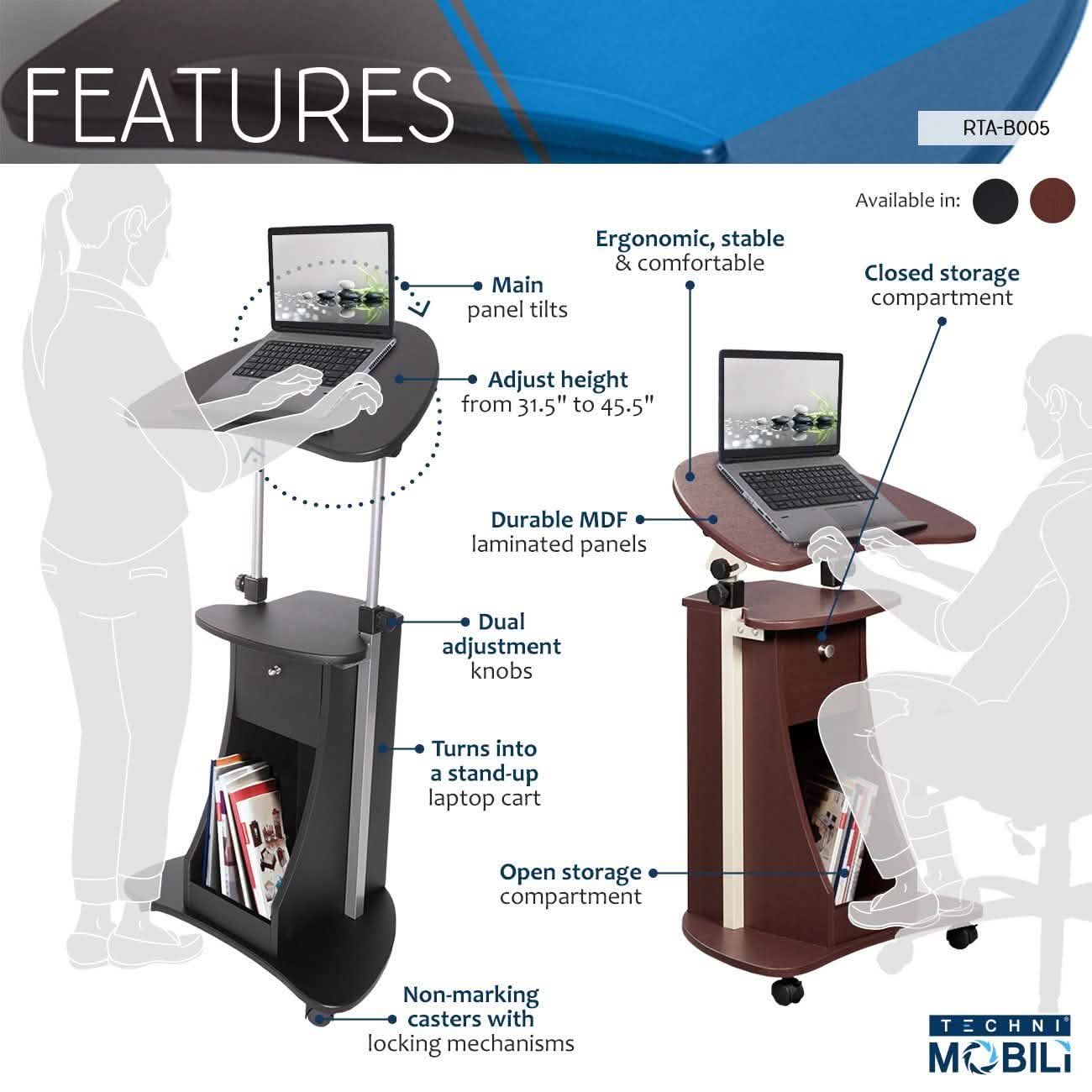 Table roulante réglable pour ordinateur portable avec rangement, position assise ou debout
