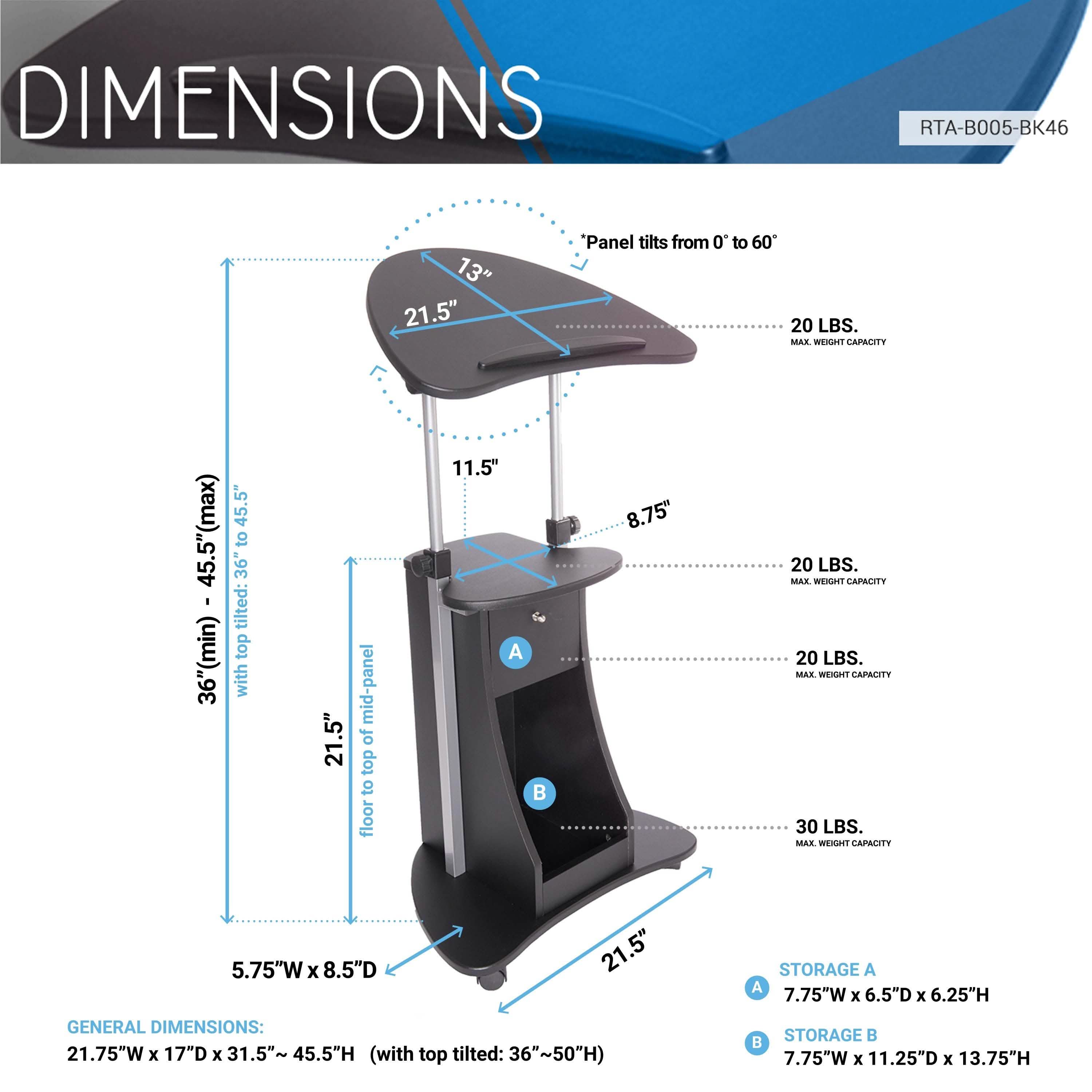 Table roulante réglable pour ordinateur portable avec rangement, position assise ou debout
