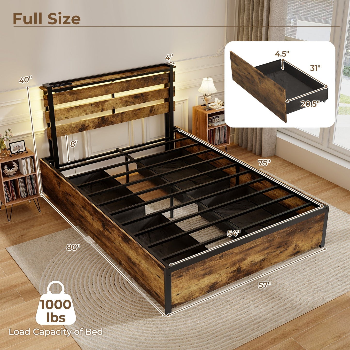 Full/Queen/Twin Size Bed Frame with Drawers LED Lights and USB Ports