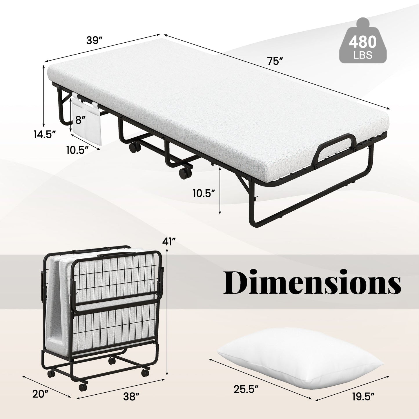 Cot Size Folding Bed with Memory Foam Mattress and Pillow