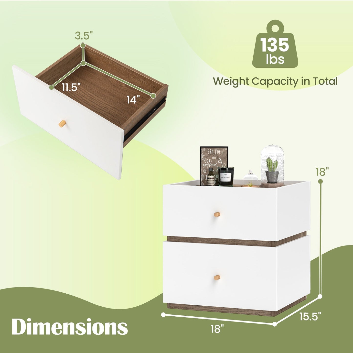 2-Drawer Modern Nightstand with Storage for Living Room Bedroom