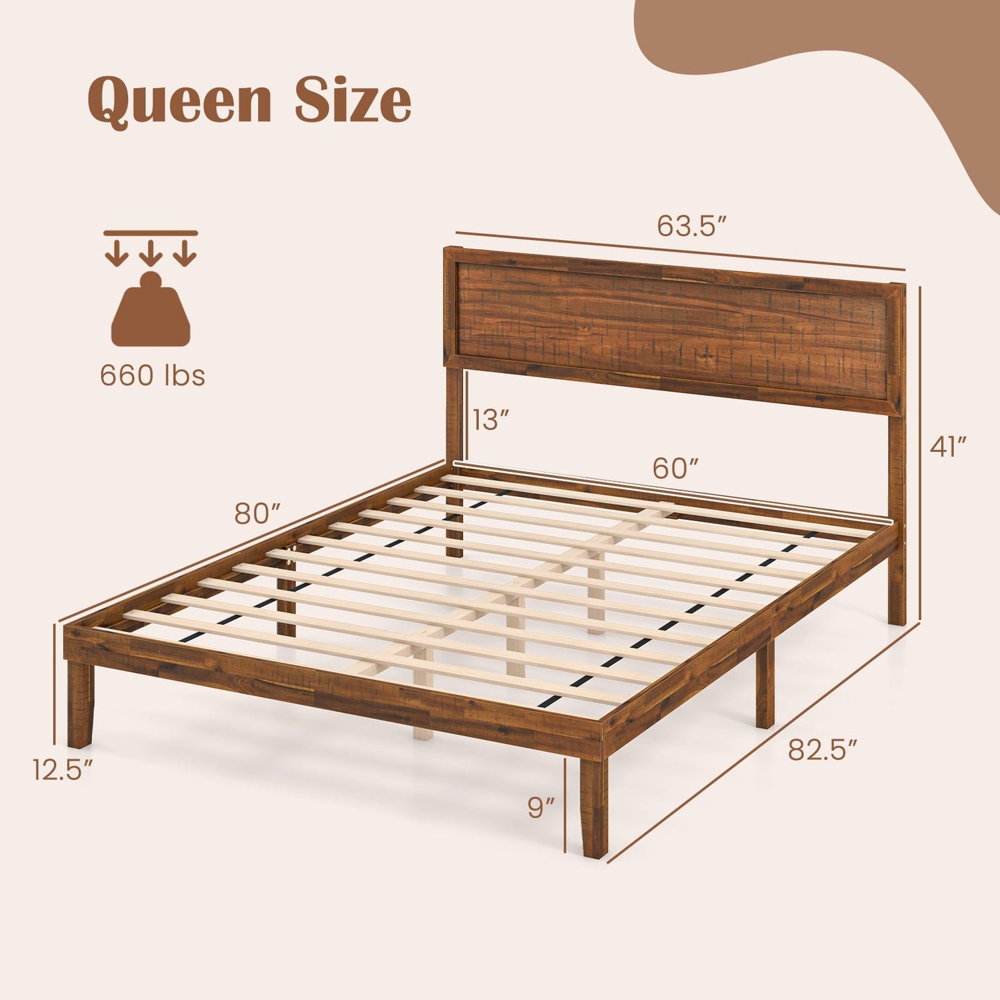 Twin/Full/Queen Size Bed Frame with Headboard and Wooden Slats Support