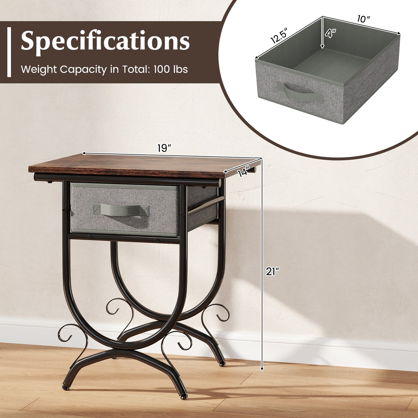 Side Table with Fabric Drawer and Carved Metal Frame for Living Room