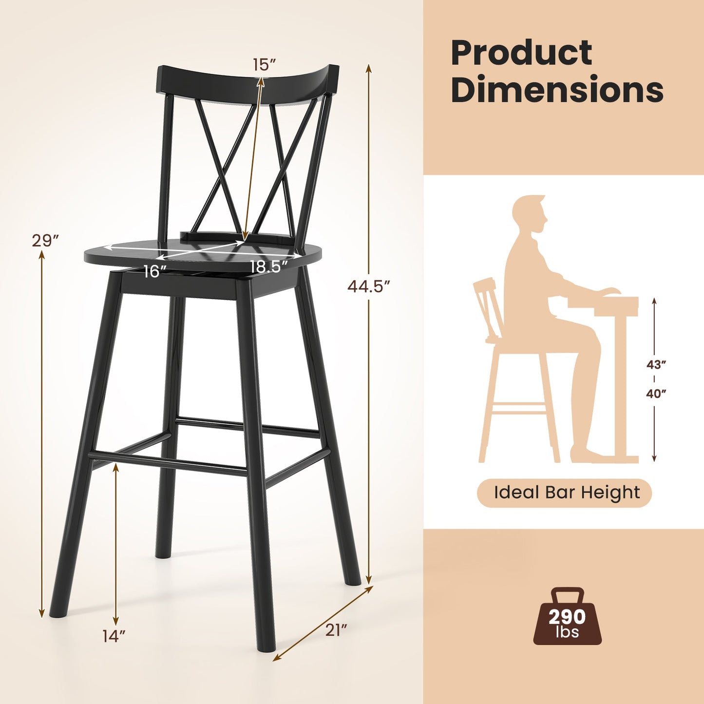 Set of 2 Windsor Bar Stool with Ergonomic Backrest and Footrests