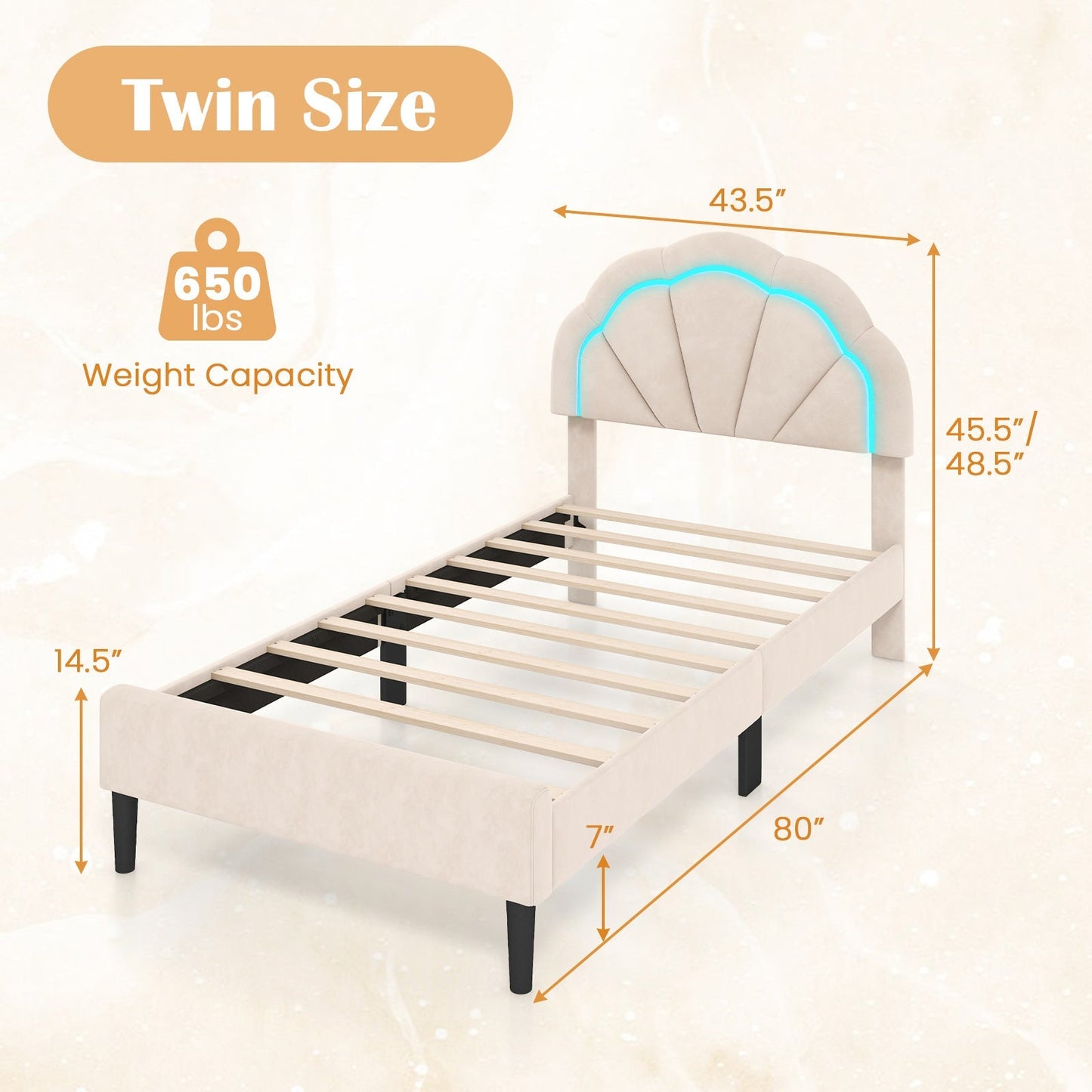Upholstered LED Bed Frame with Adjustable Flower Headboard and Metal Support Feet-Twin Size