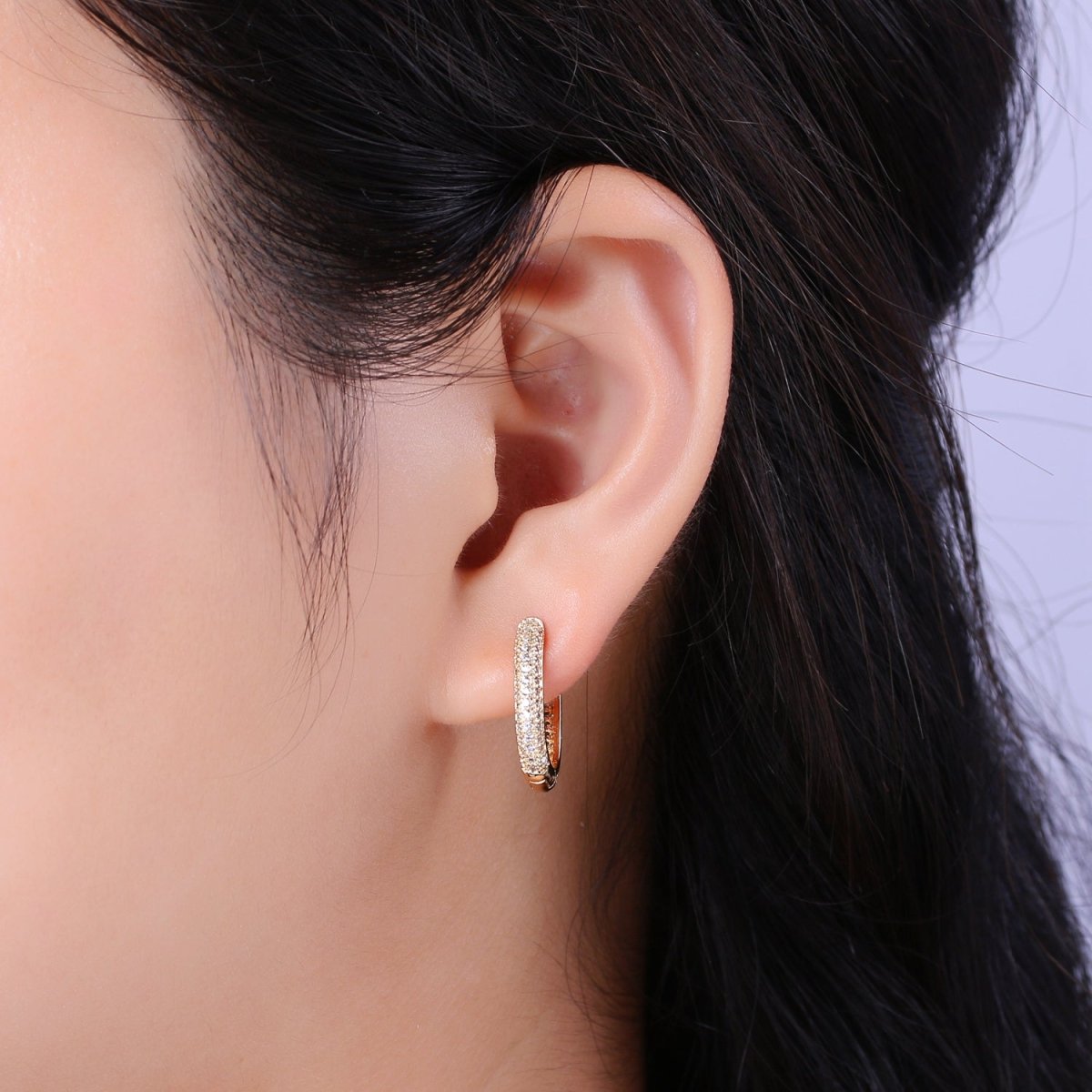 Small Oblong CZ Hoop Earrings Hypoallergenic 18K Gold Filled Huggie Hoop Earrings for Women | T-201