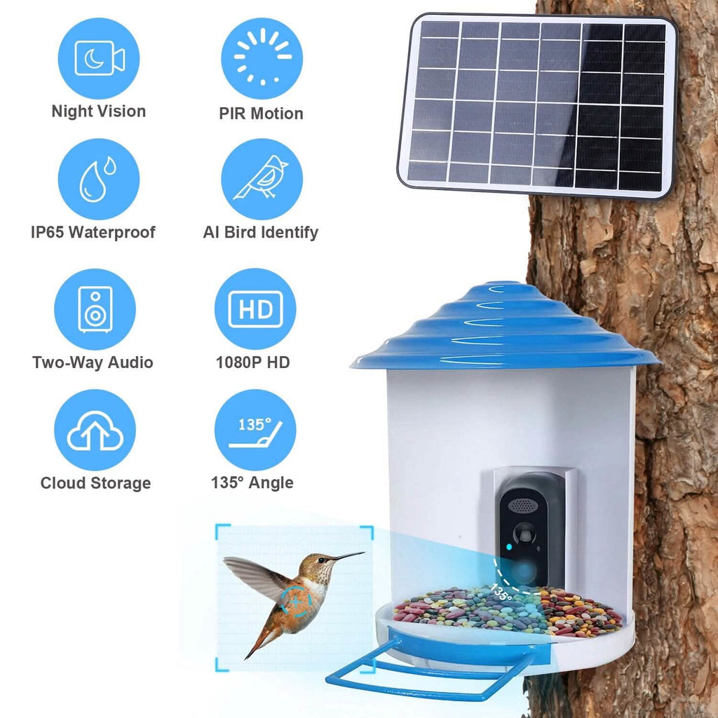 Smart Bird Feeder with Solar Powered Camera 1080P HD AI Identify PIR