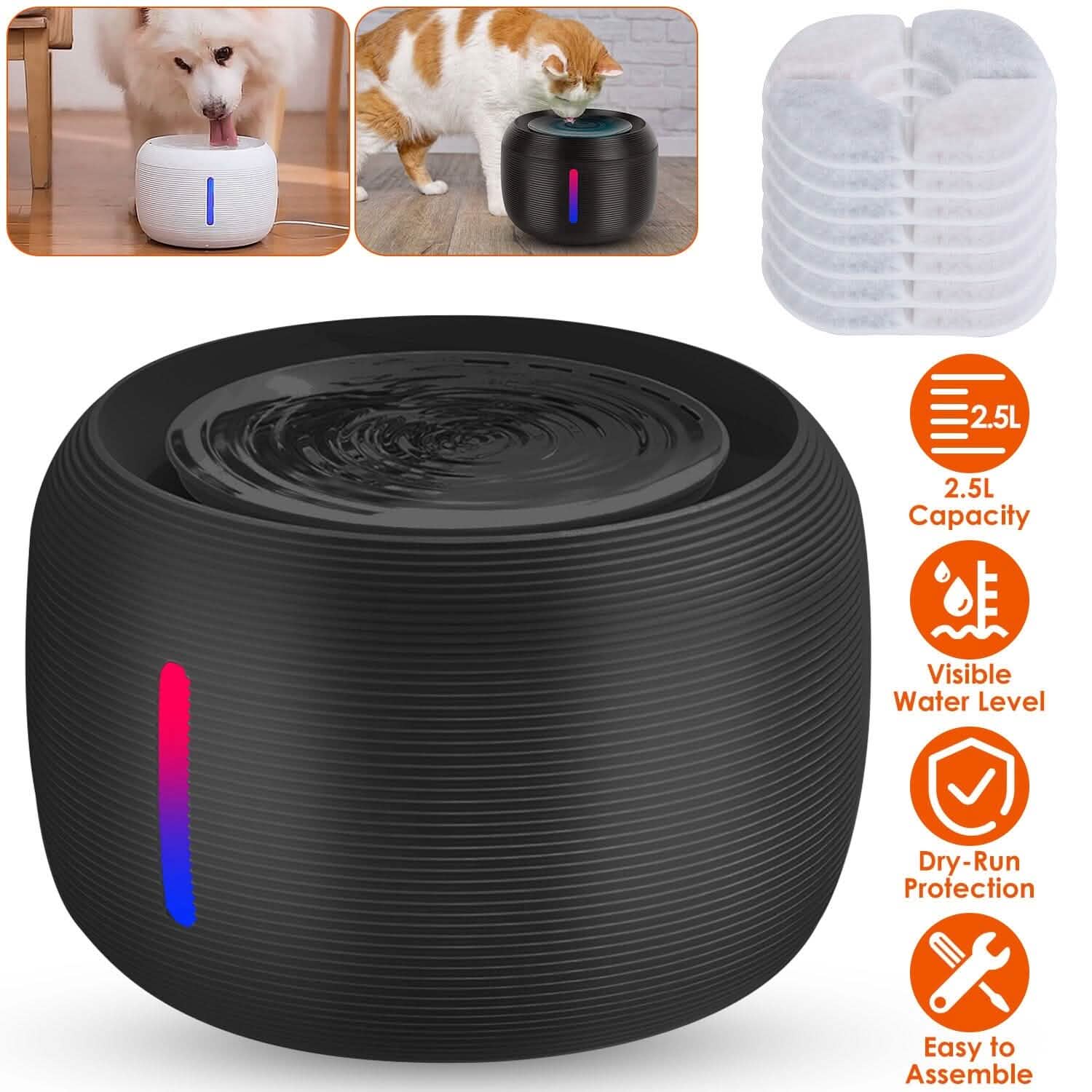 Smart Pet Drinking Fountain with LED Light 7-Pack Replaceable Water Filters