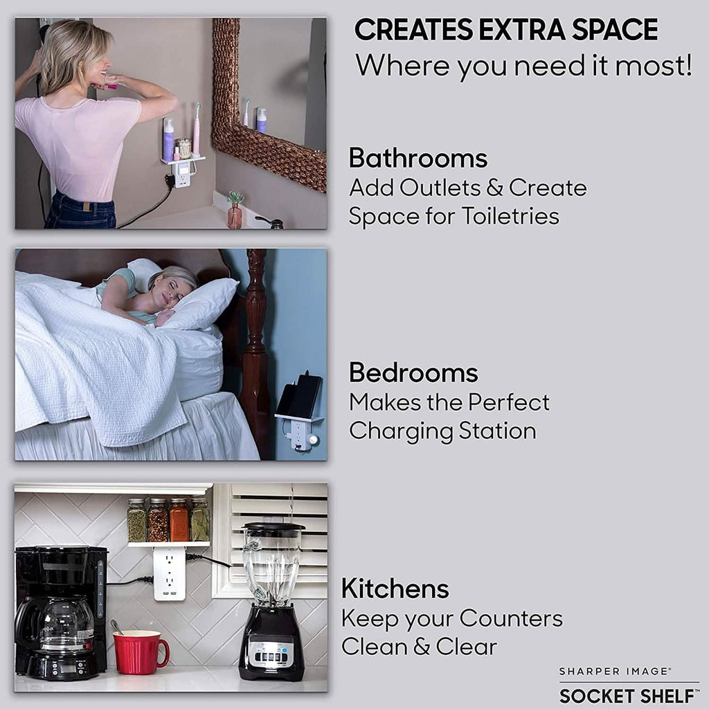 Socket Shelf 8 Port Surge Protector Wall Outlet, 6 Electrical Outlet Extenders, 2 USB Charging Ports