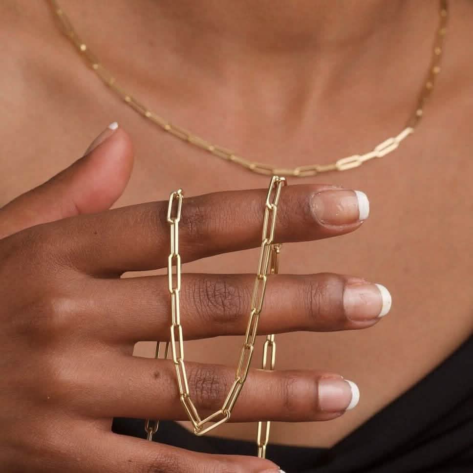 Collier chaîne maille trombone 5 mm en or massif 14 carats, fabriqué en Italie