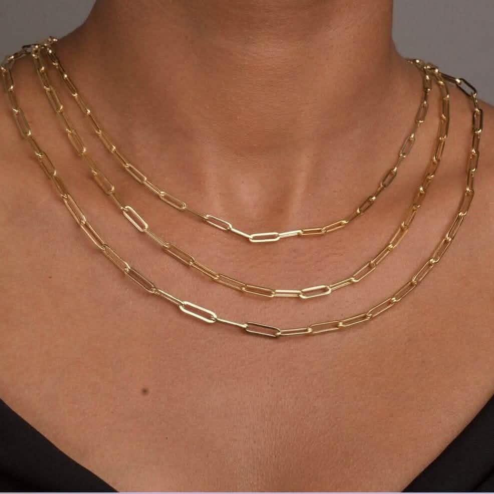 Collier chaîne maille trombone 5 mm en or massif 14 carats, fabriqué en Italie