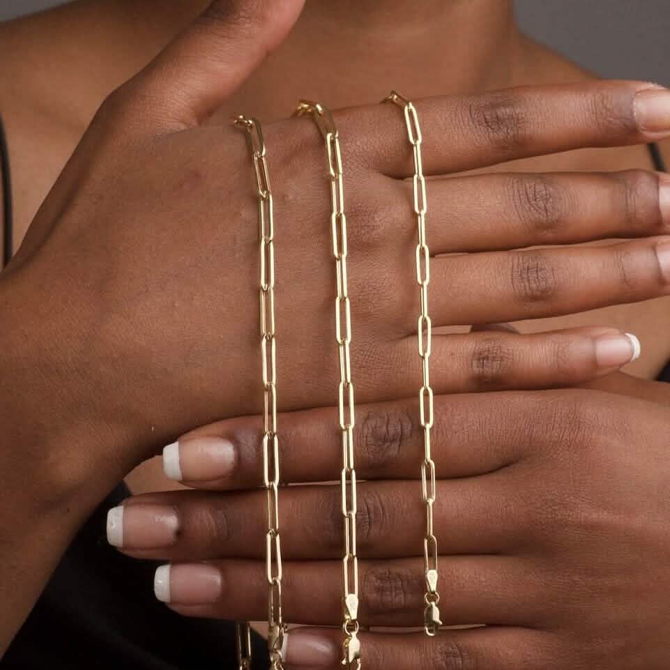 Collier chaîne maille trombone 5 mm en or massif 14 carats, fabriqué en Italie
