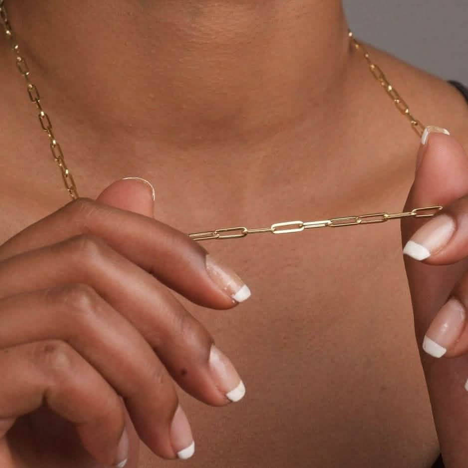 Collier chaîne maille trombone 5 mm en or massif 14 carats, fabriqué en Italie