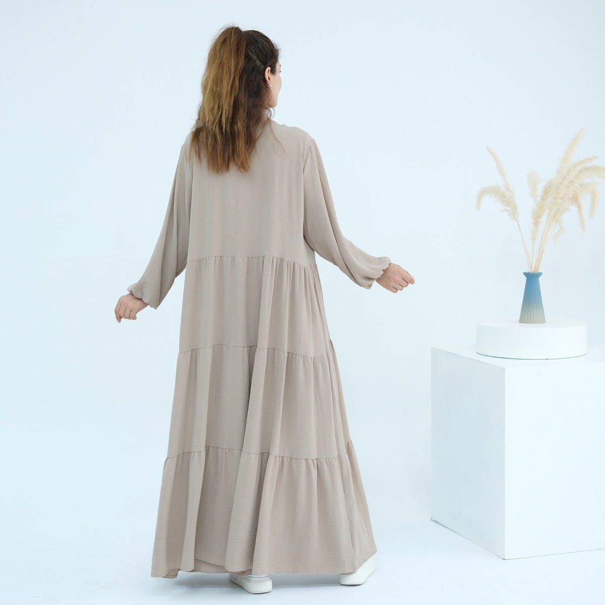 Solid Color Puff Sleeve Layered Maxi Dress Robe Dress Two-Piece Set (MOA165)