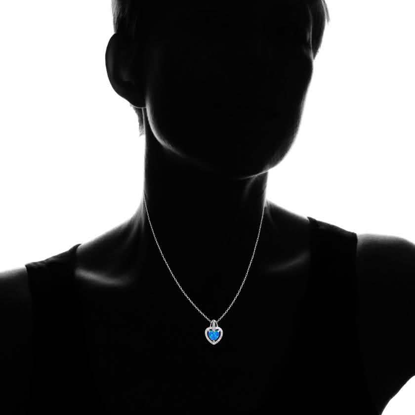 Solid Sterling Silver Blue Opal Heart Halo Necklace With Gift Box By MUIBLU Gems