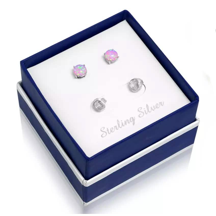 Ensemble de boucles d'oreilles en argent sterling massif avec nœud d'amour et opale rose