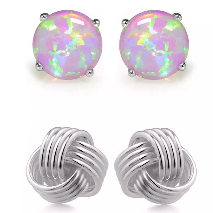 Ensemble de boucles d'oreilles en argent sterling massif avec nœud d'amour et opale rose