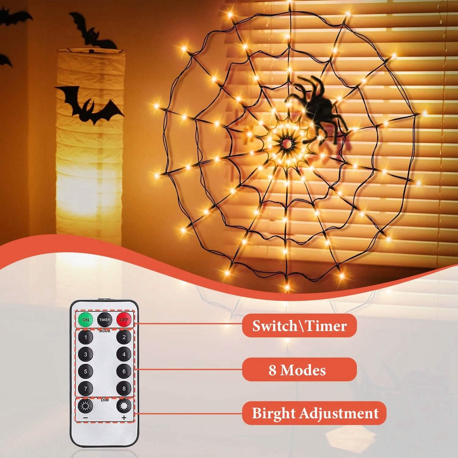 Spider Web Light with Hairy Spider 70LED Battery Powered Remote Control 8 Lighting Modes