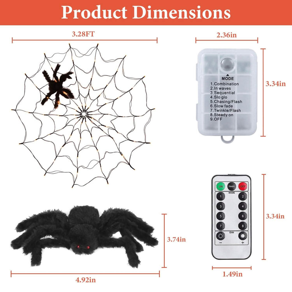 Spider Web Light with Hairy Spider 70LED Battery Powered Remote Control 8 Lighting Modes
