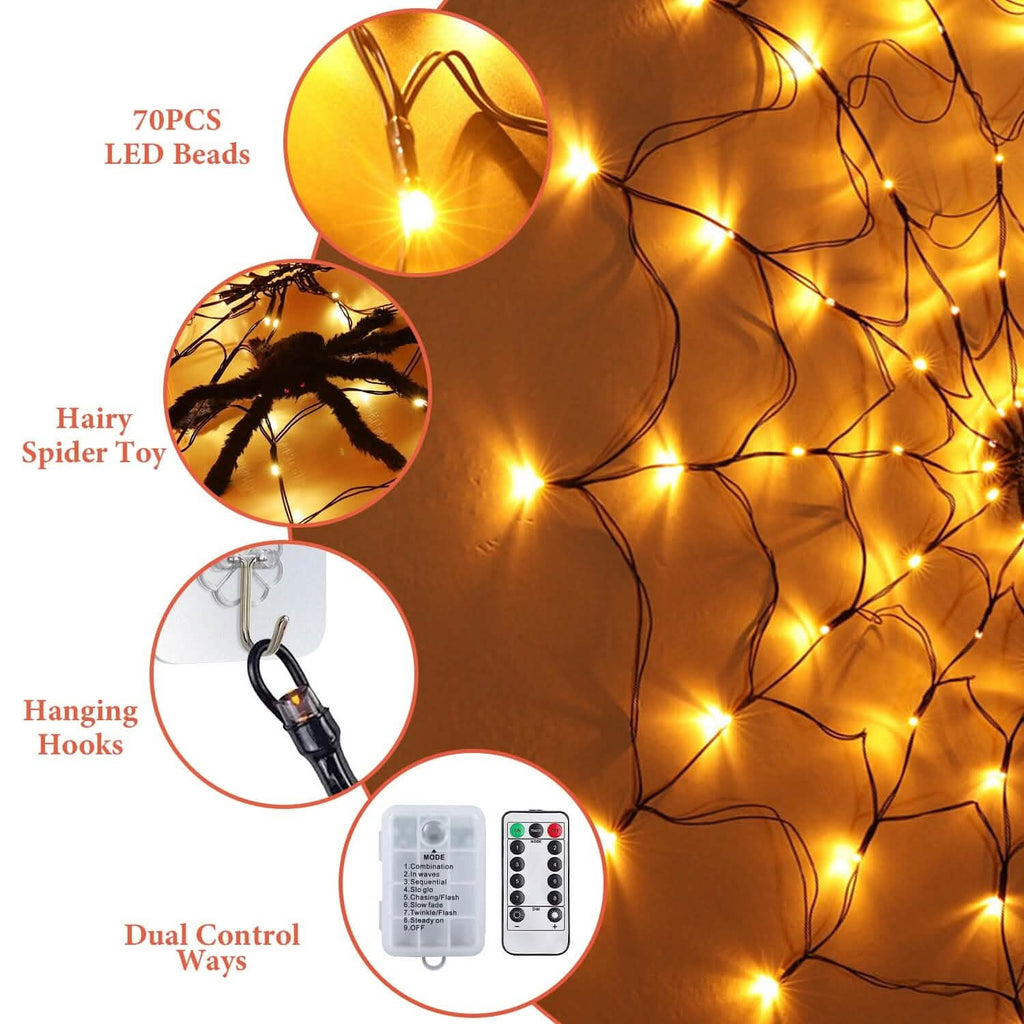 Spider Web Light with Hairy Spider 70LED Battery Powered Remote Control 8 Lighting Modes