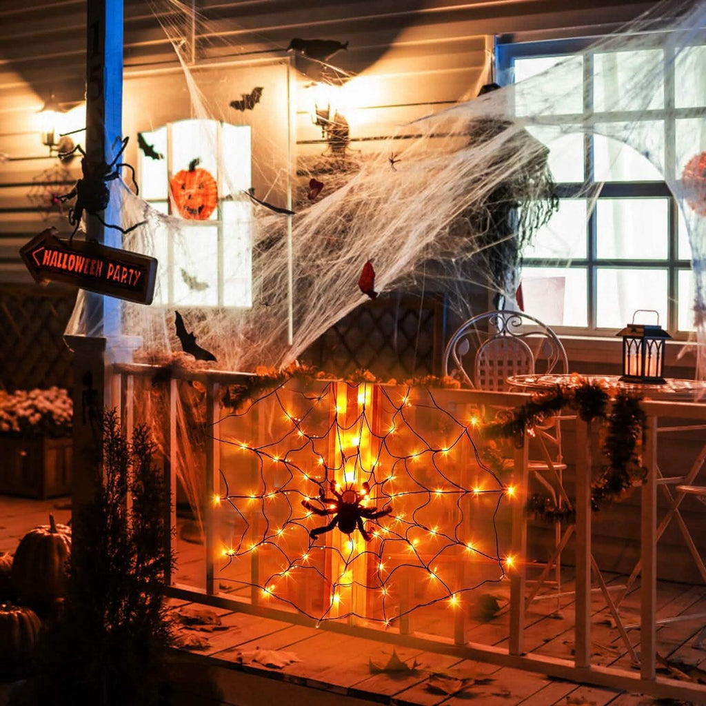 Spider Web Light with Hairy Spider 70LED Battery Powered Remote Control 8 Lighting Modes