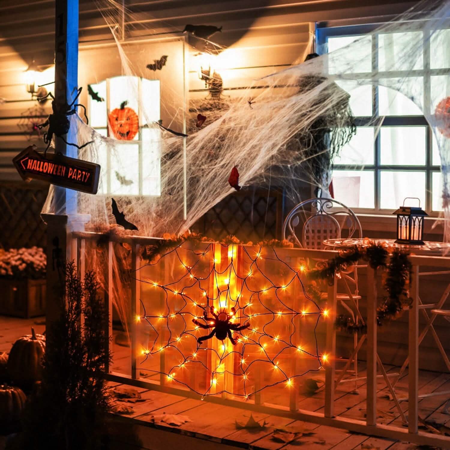 Spider Web Light with Hairy Spider 70LED Battery Powered Remote Control 8 Lighting Modes